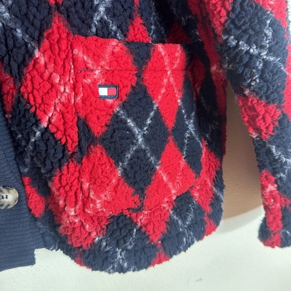 Tommy Hilfiger Fluffy Blue and Red Argyle Button Front Jacket Size large - Picture 5 of 10